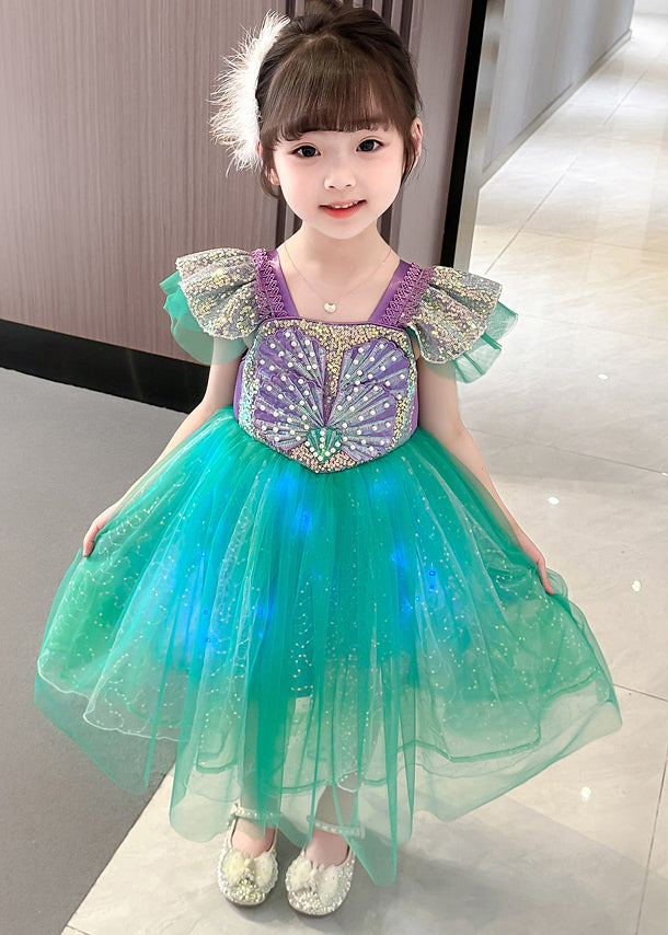 Style Green Embroideried Patchwork Nail Bead Tulle Kid Maxi Dress Short Sleeve