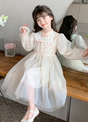 Style Green Embroideried Patchwork Tulle Kids Maxi Dresses Long Sleeve