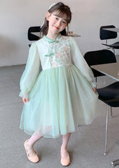 Style Green Embroideried Patchwork Tulle Kids Maxi Dresses Long Sleeve