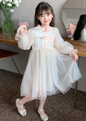 Style Green Embroideried Patchwork Tulle Kids Maxi Dresses Long Sleeve