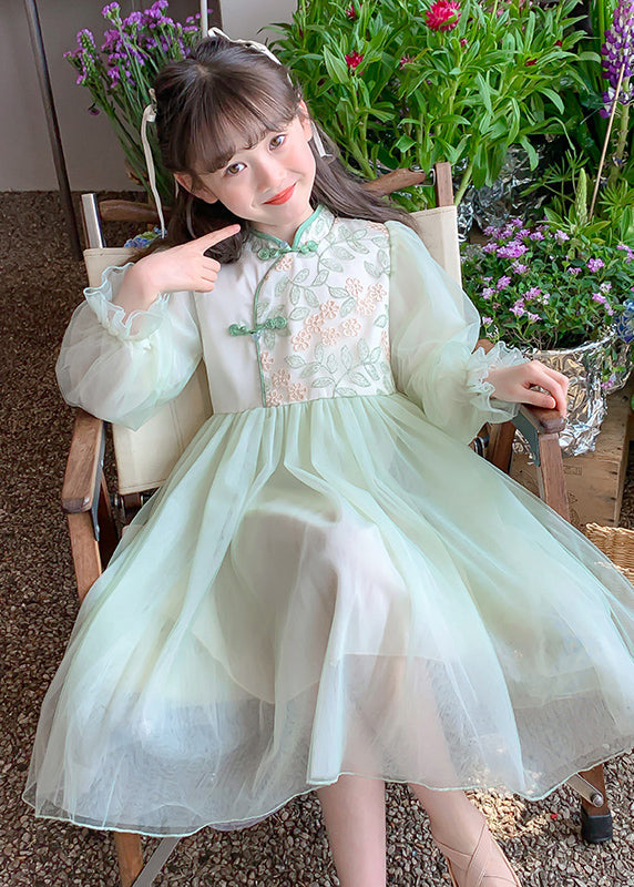 Style Green Embroideried Patchwork Tulle Kids Maxi Dresses Long Sleeve