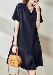 Style Navy Peter Pan Collar Patchwork Cotton Pleated Dresses Summer