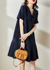 Style Navy Peter Pan Collar Patchwork Cotton Pleated Dresses Summer