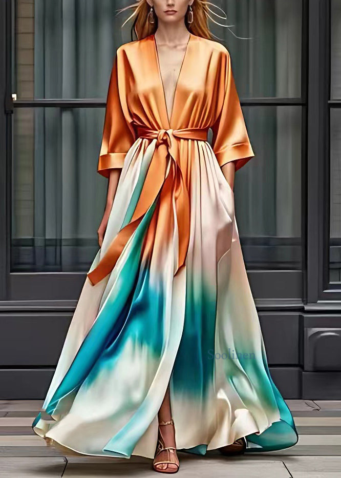 Style Orange V Neck Flattering Silk Maxi Dresses Half Sleeve