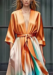 Style Orange V Neck Flattering Silk Maxi Dresses Half Sleeve