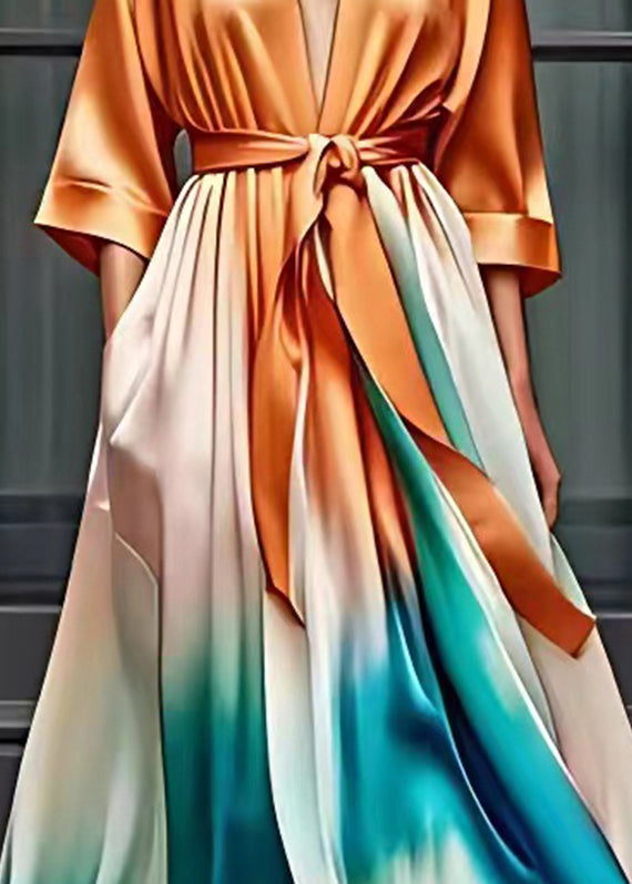 Style Orange V Neck Flattering Silk Maxi Dresses Half Sleeve