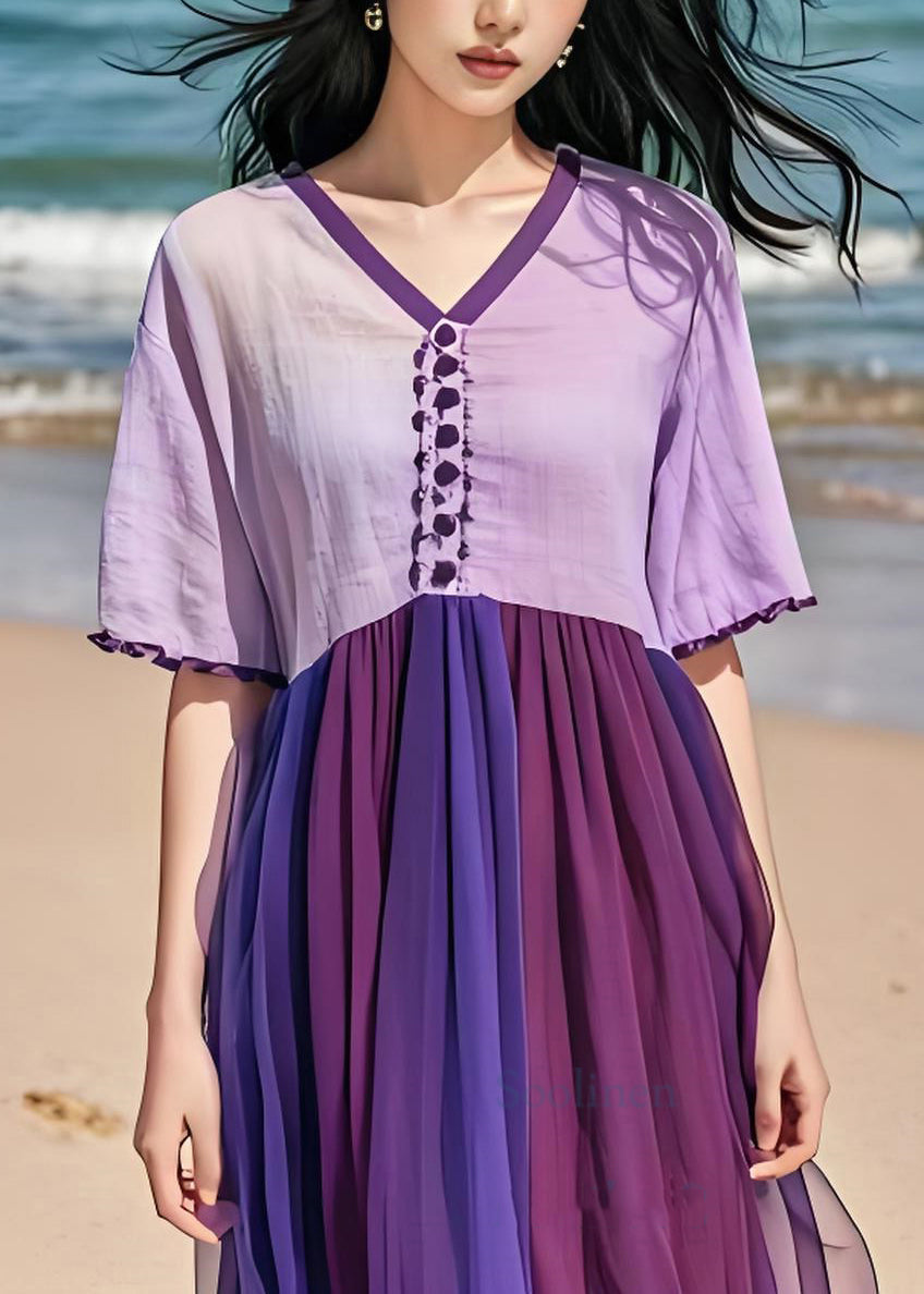 Style Purple V Neck Wrinkled Tulle Patchwork Cotton Dress Summer