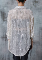 Stylish Apricot Sequins Tasseled Tulle Shirt Top Summer