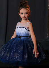 Stylish Baby Blue Tulle Sequins Ruffled Patchwork Kids Mid Dress Summer