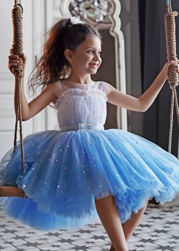 Stylish Baby Blue Tulle Sequins Ruffled Patchwork Kids Mid Dress Summer