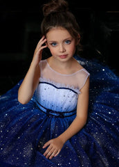 Stylish Baby Blue Tulle Sequins Ruffled Patchwork Kids Mid Dress Summer