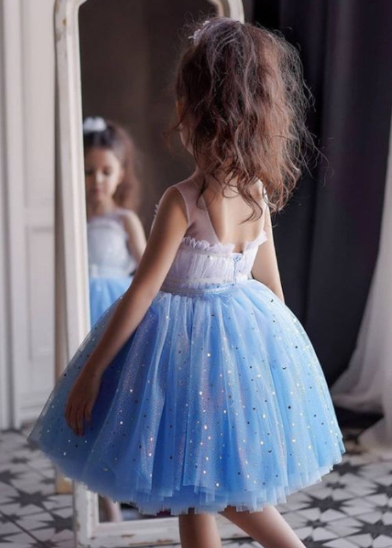 Stylish Baby Blue Tulle Sequins Ruffled Patchwork Kids Mid Dress Summer