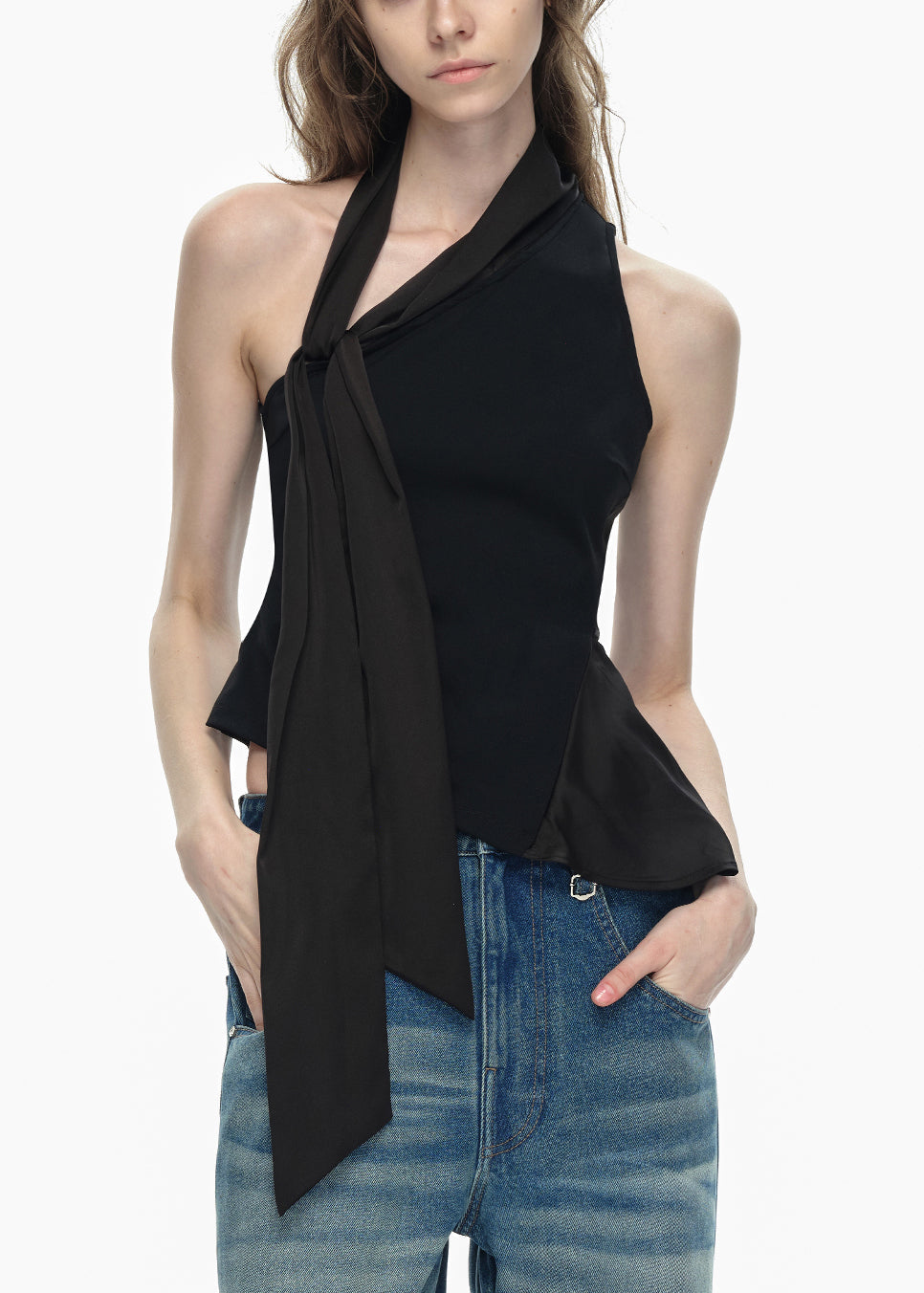 Stylish Black One Shoulder Bow Patchwork Cotton Blouse Tops Sleeveless