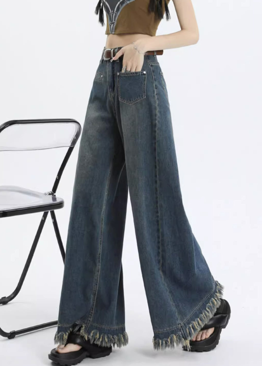 Stylish Blue Pockets High Waist Denim Pants Summer