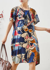 Stylish Navy Oversized Print Cotton Mid Dress Summer