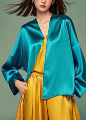 Stylish Peacock Blue Patchwork Silk Tops Fall