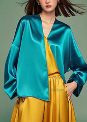 Stylish Peacock Blue Patchwork Silk Tops Fall