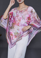 Stylish Pink Asymmetrical Floral Chiffon Tops Summer