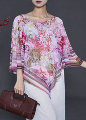 Stylish Pink Asymmetrical Floral Chiffon Tops Summer