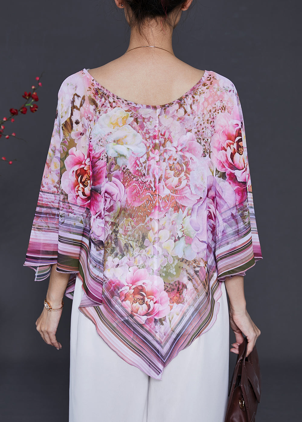 Stylish Pink Asymmetrical Floral Chiffon Tops Summer