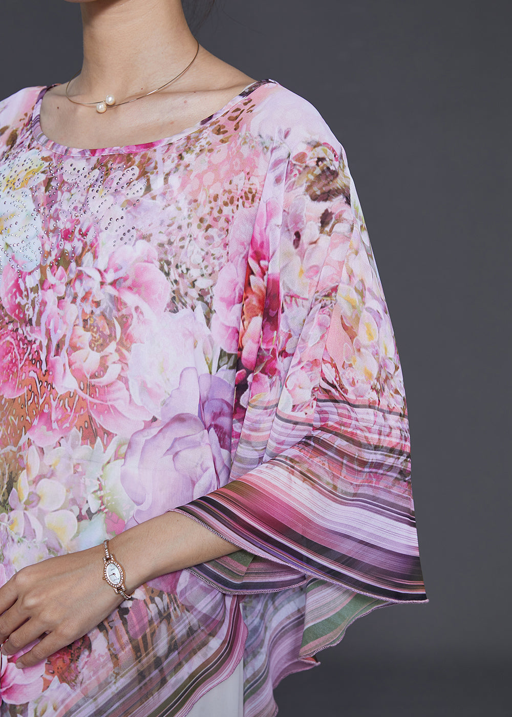 Stylish Pink Asymmetrical Floral Chiffon Tops Summer