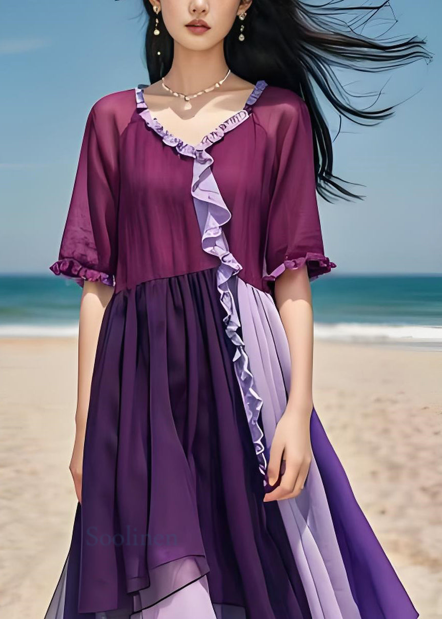 Stylish Purple Ruffled Patchwork Loose Cotton Dress Summer