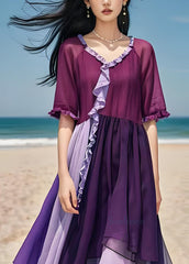 Stylish Purple Ruffled Patchwork Loose Cotton Dress Summer