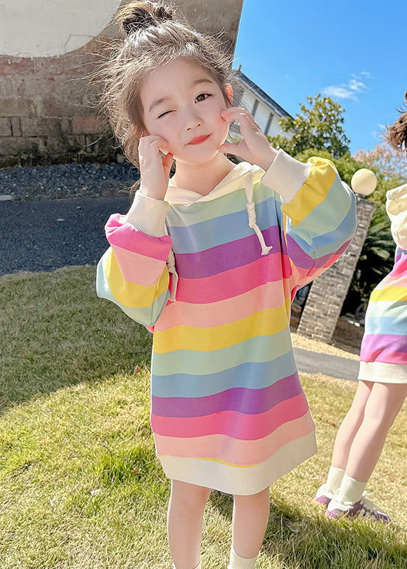 Stylish Rainbow Striped Drawstring Knit Kids Hooded Long Dresses Long Sleeve