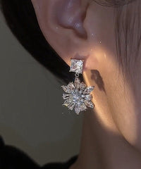 Stylish Silk Sterling Silver Zircon Snowflake Drop Earrings