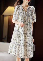 Unique Beige V Neck Print Patchwork Chiffon Maxi Dresses Short Sleeve