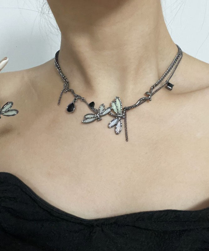 Unique Black Metal Alloy Dragonfly Pendant Necklace