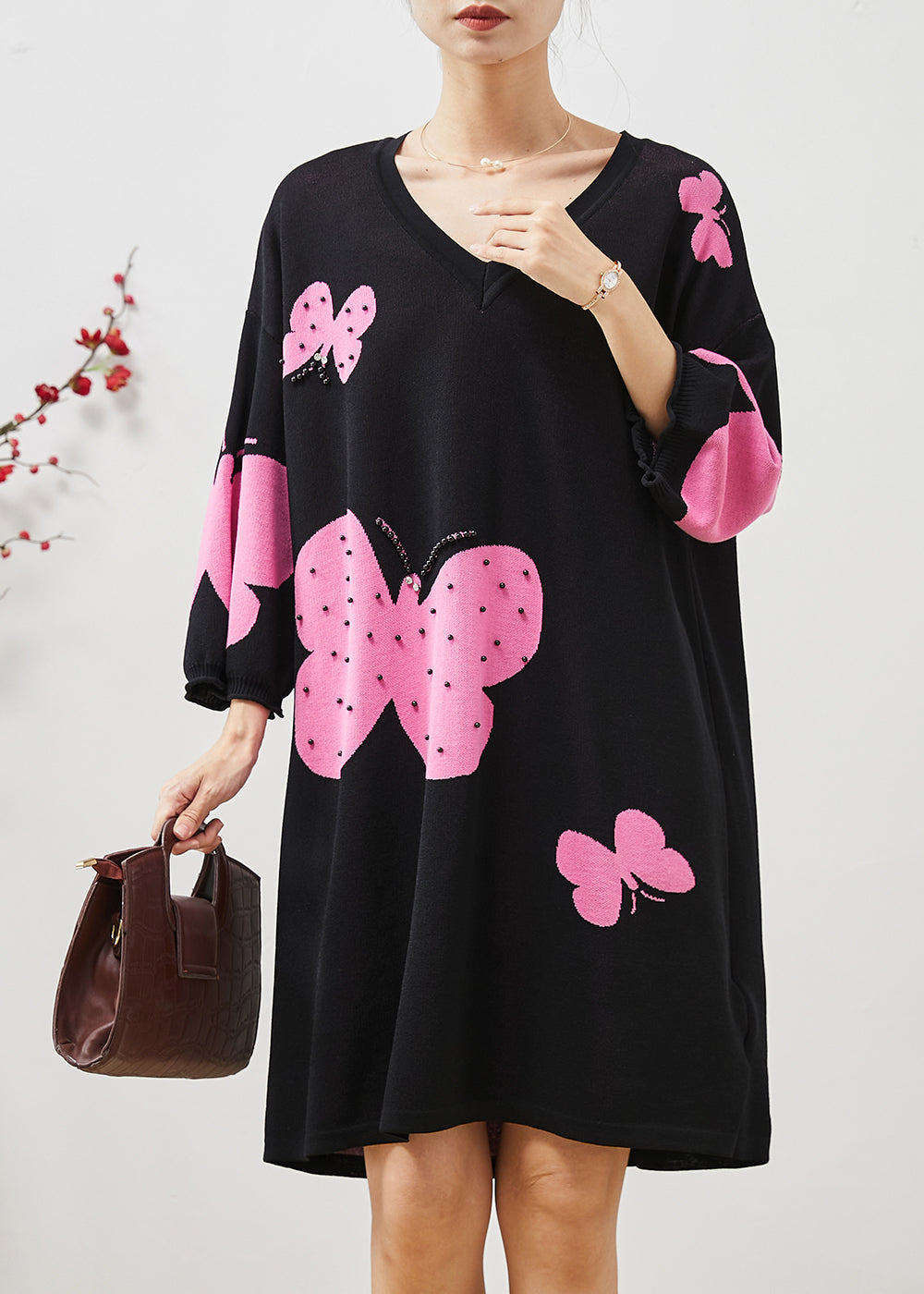 Unique Black Oversized Butterfly Nail Bead Cotton Dress Summer