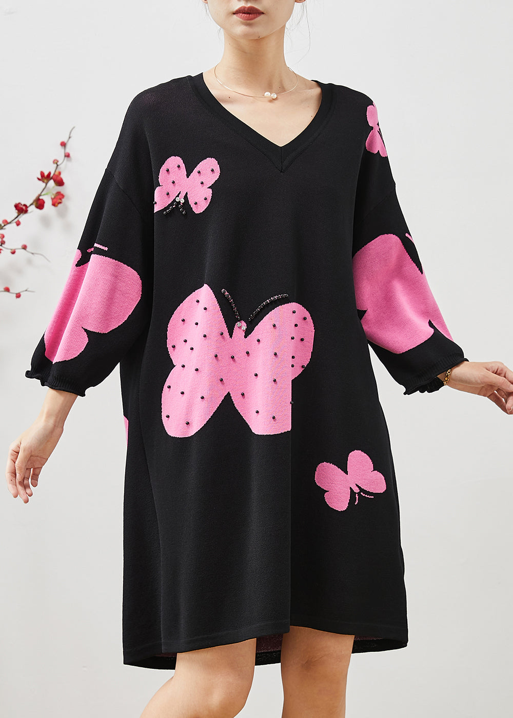 Unique Black Oversized Butterfly Nail Bead Cotton Dress Summer