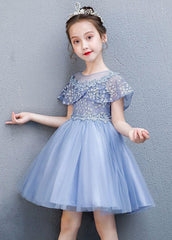 Unique Blue Embroideried Patchwork Tulle Kids Long Vacation Dresses Summer