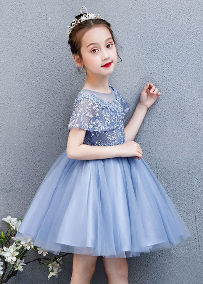 Unique Blue Embroideried Patchwork Tulle Kids Long Vacation Dresses Summer