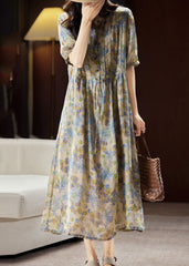 Unique Blue Stand Collar Print Button Linen Maxi Dresses Summer