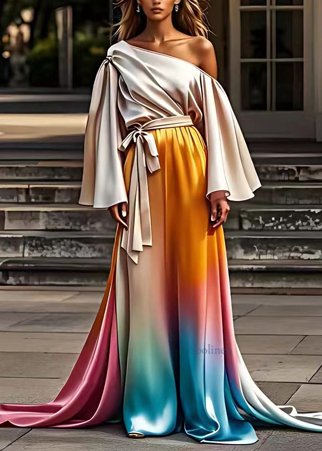 Unique Colorblock Cold Shoulder Tie Waist Silk Maxi Dresses Fall