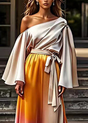 Unique Colorblock Cold Shoulder Tie Waist Silk Maxi Dresses Fall