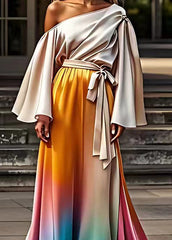 Unique Colorblock Cold Shoulder Tie Waist Silk Maxi Dresses Fall