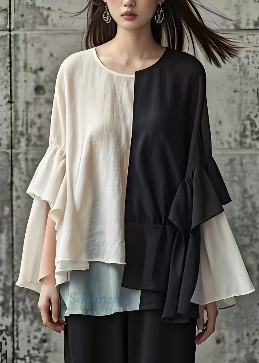 Unique Colorblock Oversized Patchwork Ruffles Cotton Top Spring