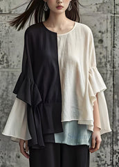 Unique Colorblock Oversized Patchwork Ruffles Cotton Top Spring