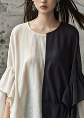 Unique Colorblock Oversized Patchwork Ruffles Cotton Top Spring