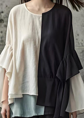 Unique Colorblock Oversized Patchwork Ruffles Cotton Top Spring