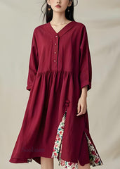 Unique Mulberry V Neck Wrinkled Print Cotton Dress Fall