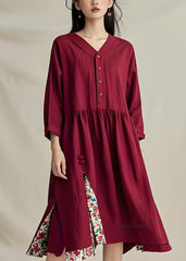 Unique Mulberry V Neck Wrinkled Print Cotton Dress Fall