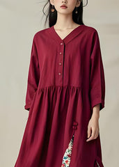 Unique Mulberry V Neck Wrinkled Print Cotton Dress Fall