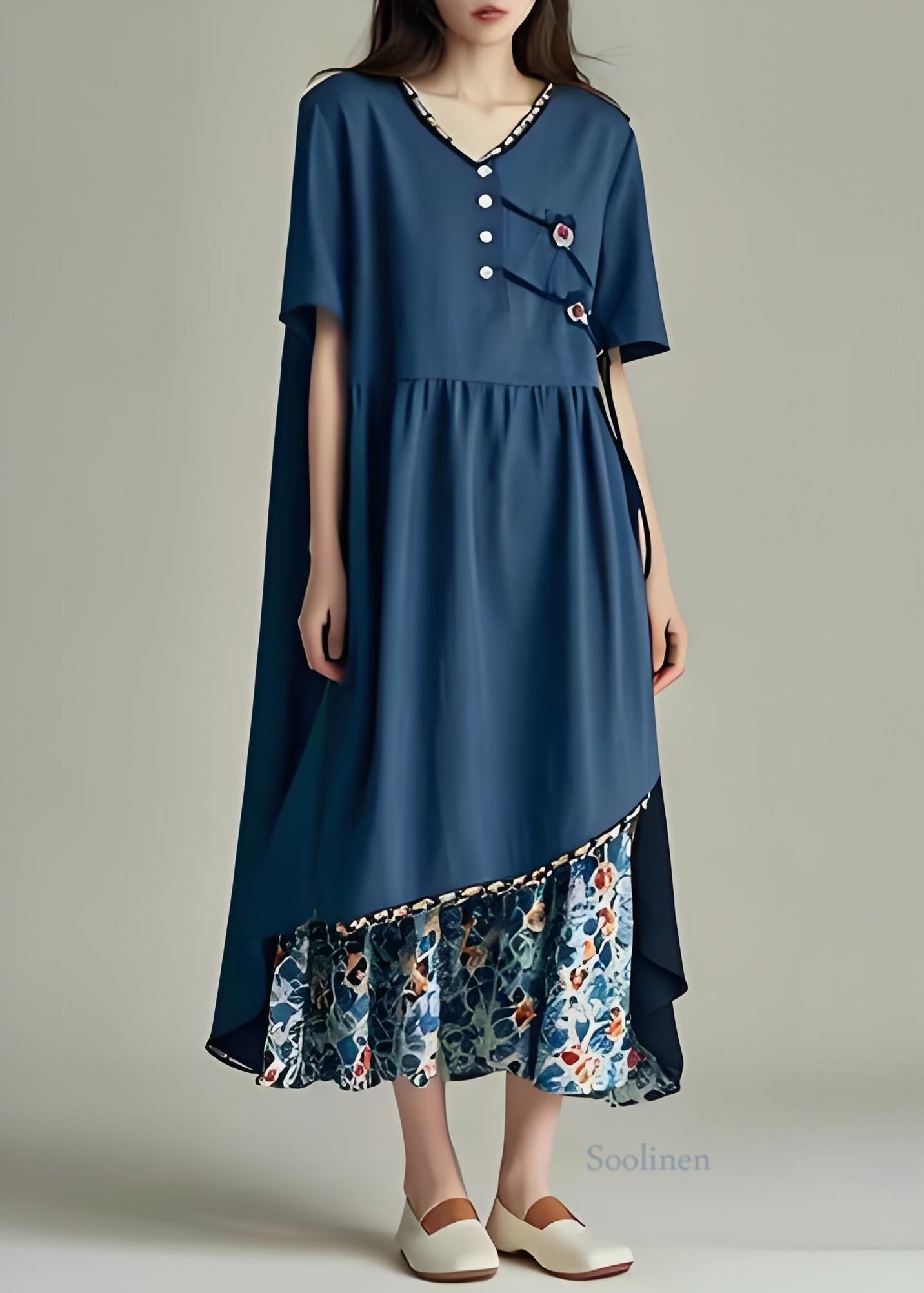 Unique Navy Asymmetrical Patchwork Cotton Long Dress Summer