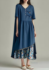 Unique Navy Asymmetrical Patchwork Cotton Long Dress Summer