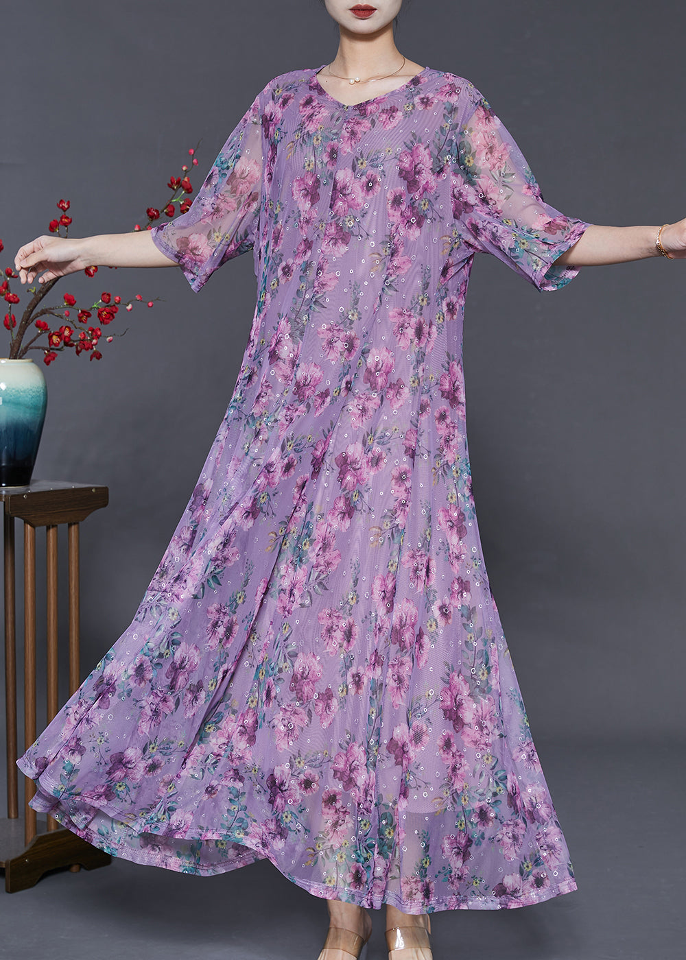 Unique Purple Print Exra Large Hem Chiffon Vacation Dresses Summer