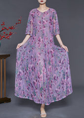 Unique Purple Print Exra Large Hem Chiffon Vacation Dresses Summer